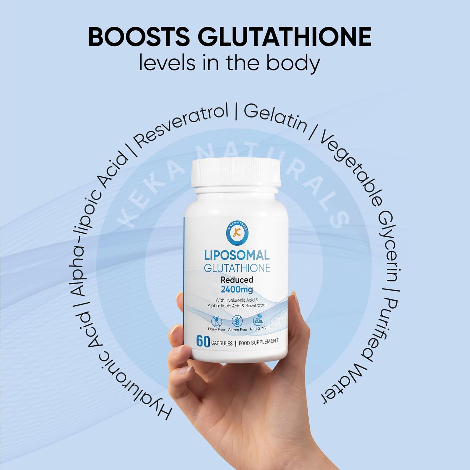 Keka Naturals Cápsulas blandas de glutatión liposomal de 2400 MG, absorción máxima, forma activa reducida de L-glutatión (GSH), con ácido