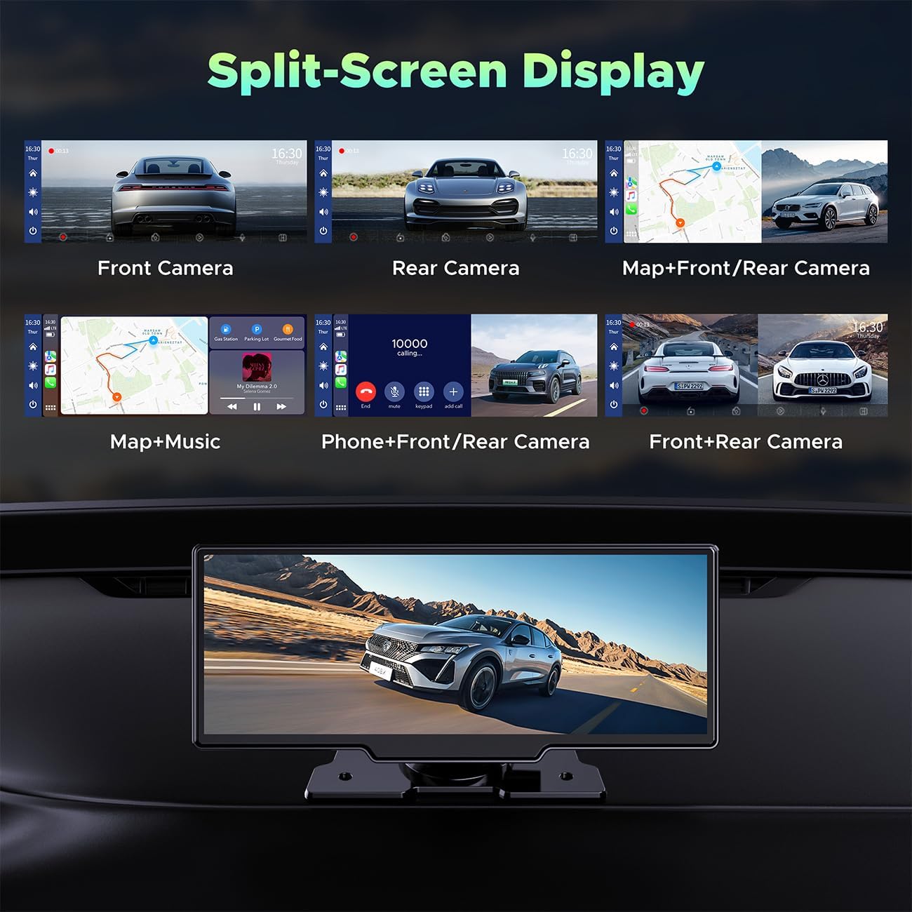LAMTTO Carplay inalámbrico y Android Auto con cámara frontal de tablero 2K, pantalla táctil portátil de 9.26 pulgadas para automóvil, receptor de