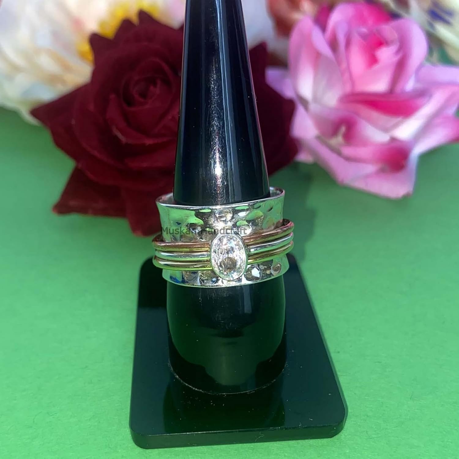 Handmade 925 Sterling Silver Spinner RingHammered Spin Ring  3 Tone Spinning RingBoho Band RingParty Wear Ring For Women (cubic-zirconia)