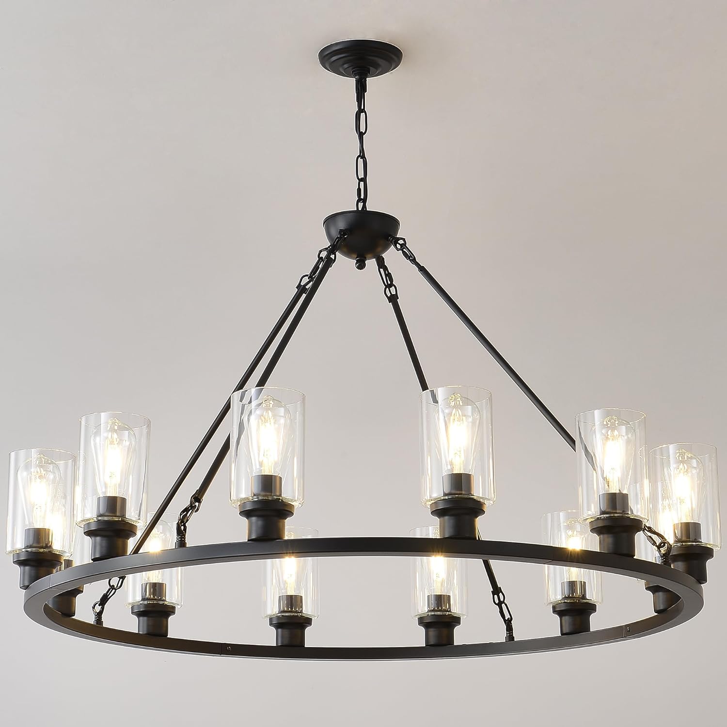 Candelabro grande negro de 32 pulgadas con ruedas de carro, moderna lámpara colgante de cristal de granja, 12 luces, accesorios de iluminación para