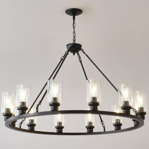 Candelabro grande negro de 32 pulgadas con ruedas de carro, moderna lámpara colgante de cristal de granja, 12 luces, accesorios de iluminación para Candelabro grande negro de 32 pulgadas con ruedas de carro, moderna lámpara colgante de cristal de granja, 12 luces, accesorios de iluminación para