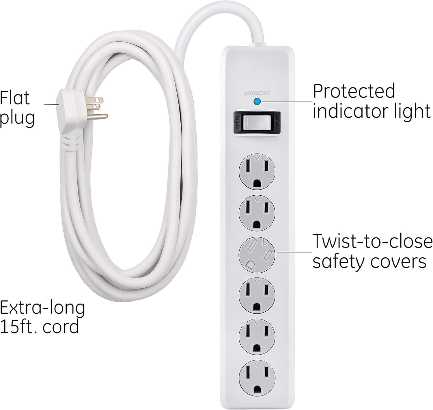 GE Protector SurGE de 6 tomas, paquete de 4, cable de extensión de 15 pies, 800 julios, de enchufe plano, cubiertas de seguridad de girar para