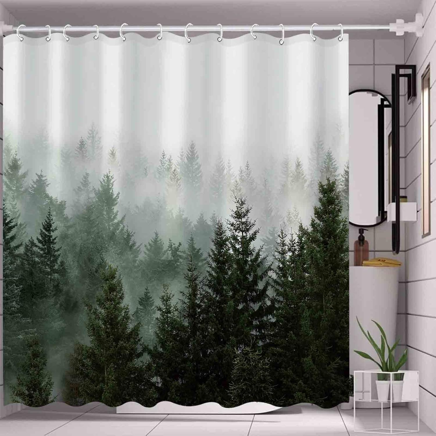 Cortina de ducha verde con diseño de bosque brumoso, juego de cortinas de ducha impermeables de tela verde oscuro para decoración de baño con 12