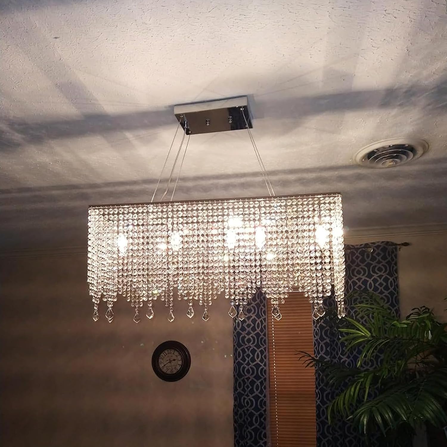 Candelabro rectangular de 31.5 pulgadas, lámparas de cristal cromado, lámpara colgante contemporánea de gota de lluvia, lámpara colgante moderna de