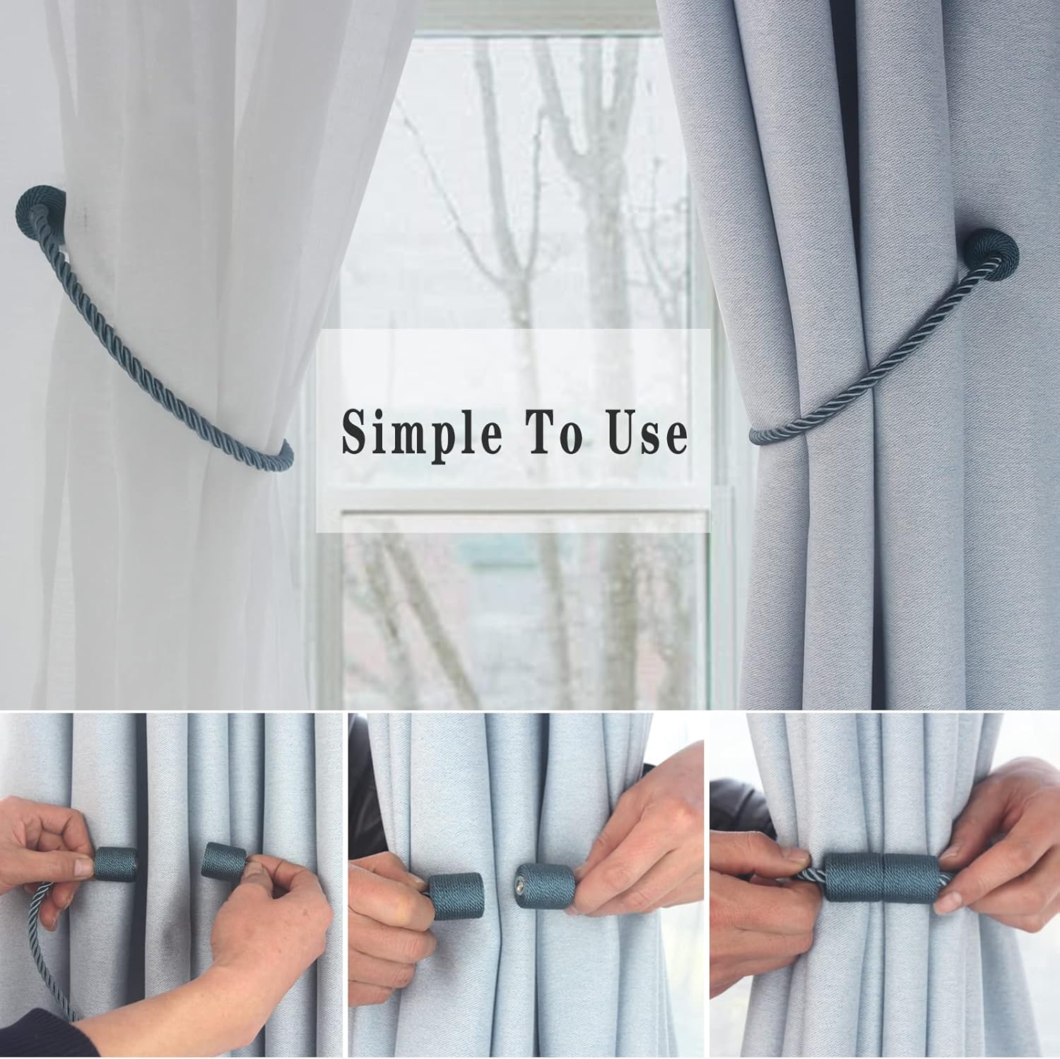 Hangtty Alzapaños magnéticos para cortinas, paquete de 2 soportes de cortina azules para cortinas modernas, alzapaños decorativos para cortinas