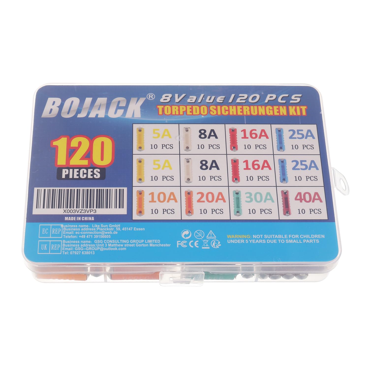 BOJACK Juego de fusibles de torpedo de 8 tipos, 120 piezas, fusibles en forma de torpedo, fusible automotriz 5A, 8A, 10A, 16A, 20A, 25A, 30A, 40A,