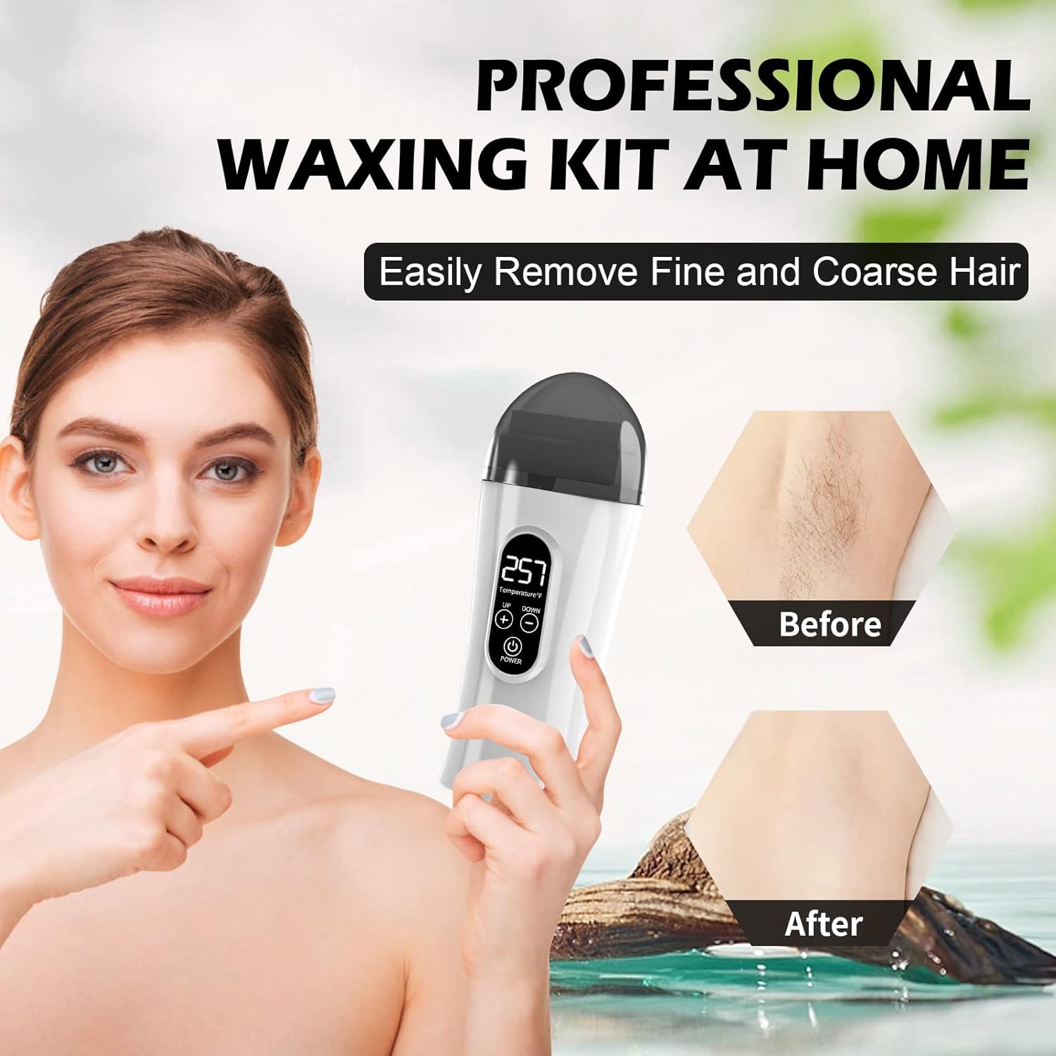 Kit de cera enrollable para depilación, kit de cera con rodillo de cera para mujeres, calentador de cera digital con 3 kit de cuidado de la piel