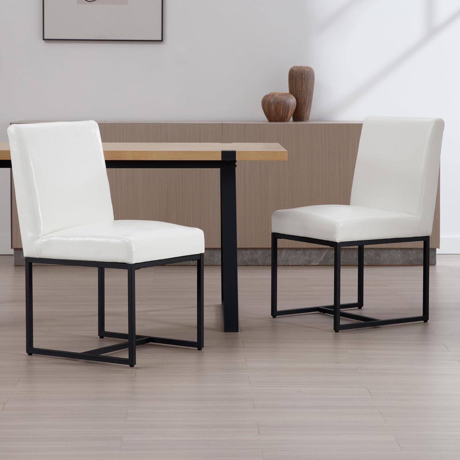 Wahson Set of 2 Upholstered Dining Chair, Faux Leather Mid Century Modern Kitchen Leather Chair Armless for Dining Room, with Black Finish Metal