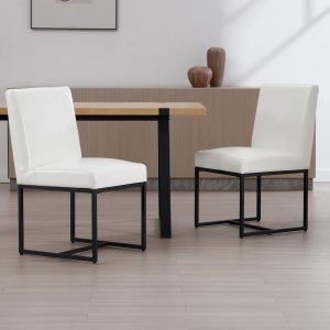 Wahson Set of 2 Upholstered Dining Chair, Faux Leather Mid Century Modern Kitchen Leather Chair Armless for Dining Room, with Black Finish Metal Wahson Set of 2 Upholstered Dining Chair, Faux Leather Mid Century Modern Kitchen Leather Chair Armless for Dining Room, with Black Finish Metal