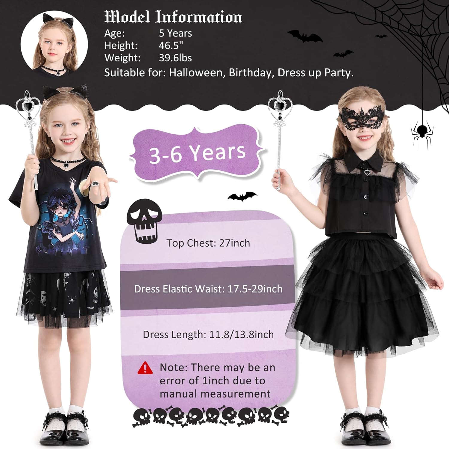 Fedio Vestido de disfraz negro para niñas, vestido de disfraz familiar negro para niñas, vestidos de princesa negros para niñas de 3, 4, 5, 6 años,