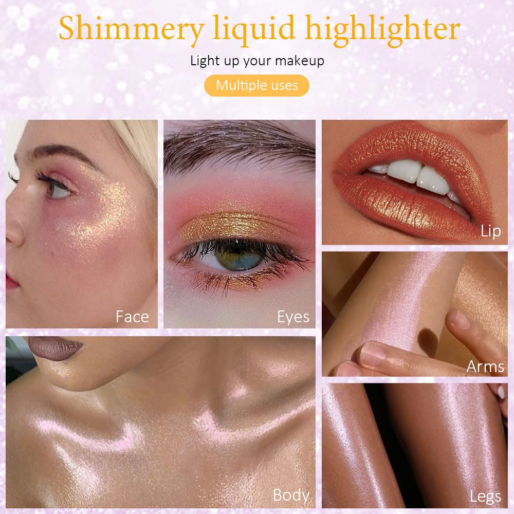 evpct Iluminador facial líquido ligero, maquillaje, impermeable, de larga duración, sirena, rosa, oro rosa, brillo brillante, brillo corporal