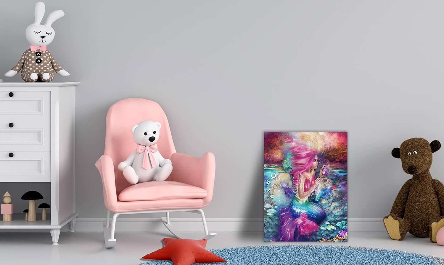 Xxliren Lienzo decorativo para pared de baño con imágenes de sirena, decoración de habitación de sirena rosa para dormitorio de niñas, tamaño de