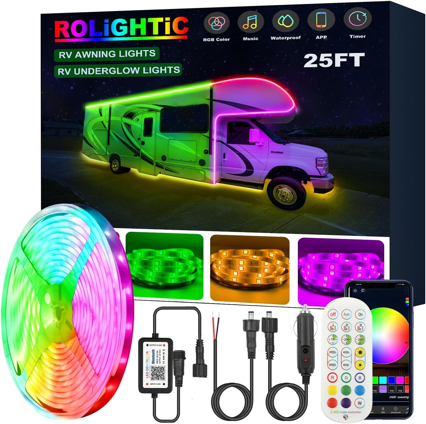 Tira de luces para toldo de autocaravana de 25 pies, luces LED multicolor de 12 V, iluminación de acento para debajo de la carrocería de cámper con