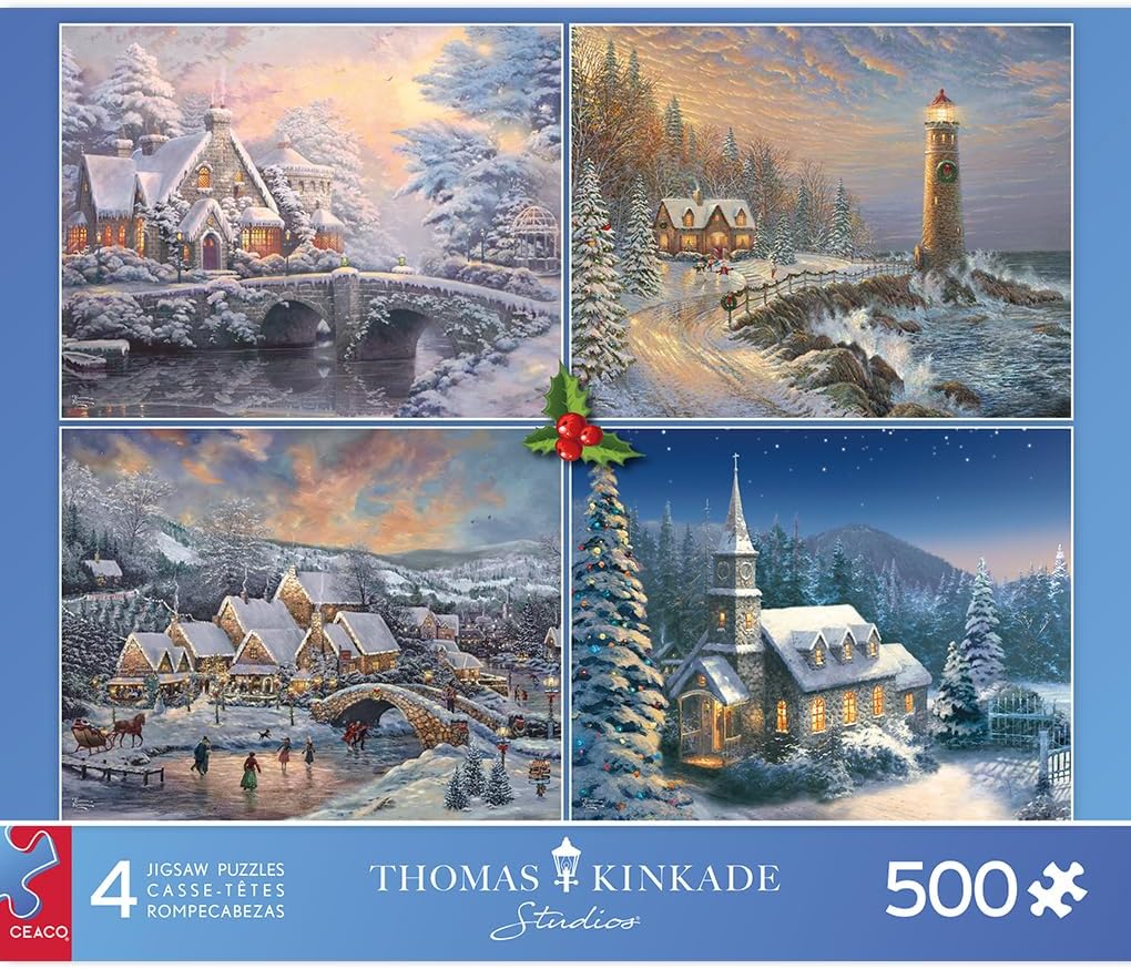 Ceaco – Paquete múltiple 4 en 1 – Thomas Kinkade – Holiday – (4) rompecabezas de 500 piezas