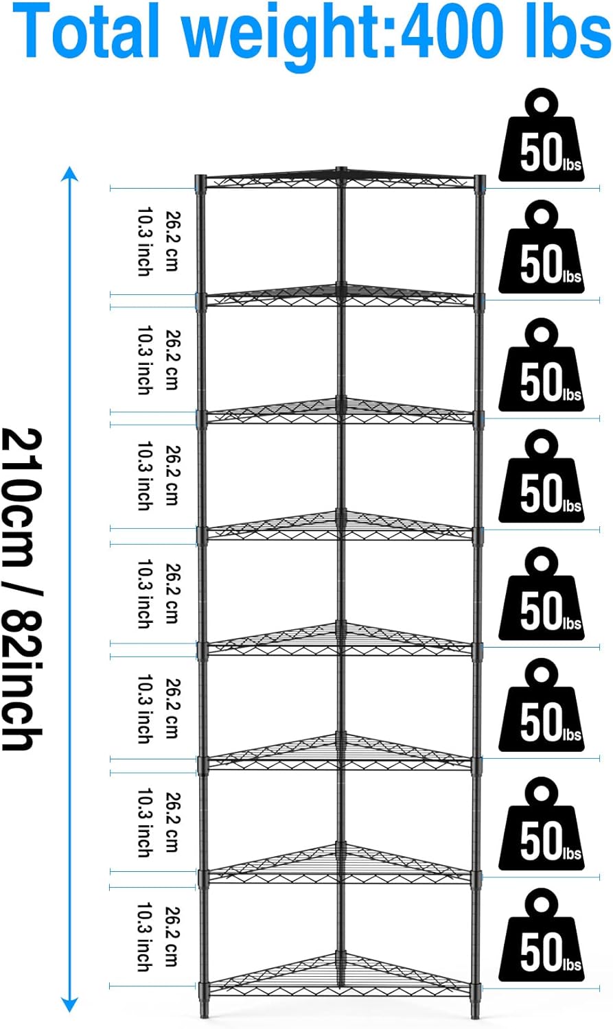 Estantería de alambre esquinero NSF de 8 niveles, 20 x 20 x 82 pulgadas, capacidad de 400 libras, estante de almacenamiento de metal en forma de