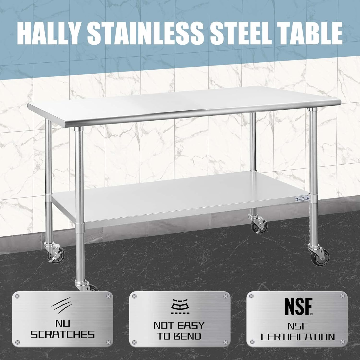 Hally – Mesa de acero inoxidable para preparación y trabajo, 30 x 60 pulgadas, con ruedas giratorias, mesa comercial resistente NSF con estante