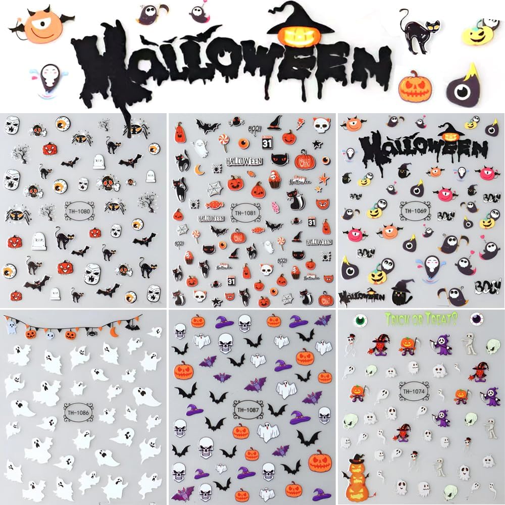 Calcomanías para uñas de Halloween, 6 hojas de calcomanías de uñas de fantasma, 3D, autoadhesivas, calabaza, murciélago, fantasma, cráneo, araña,