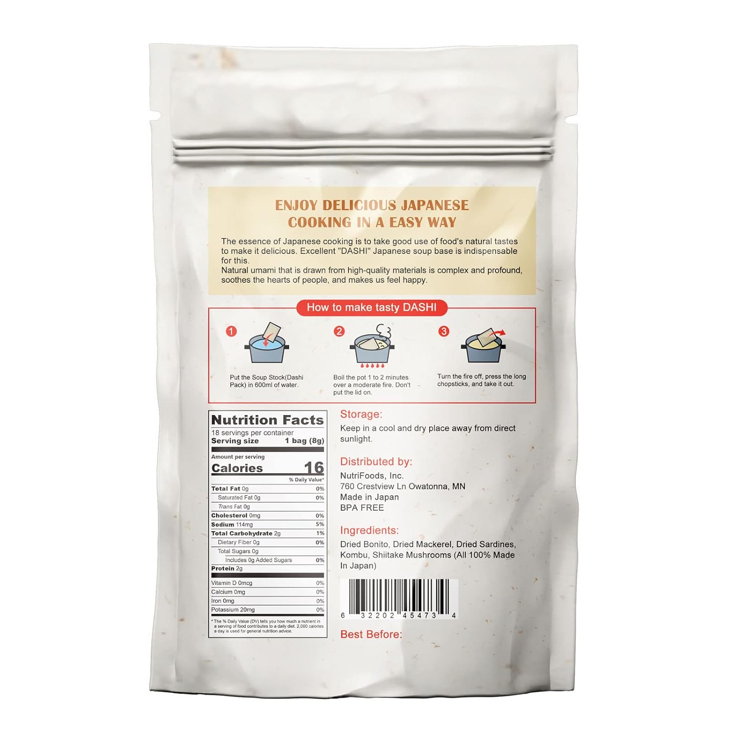 Orgnisulmte Dashi Stock (paquete Dashi, caldo Dashi), caldo de sopa Umami dashi, todos los ingredientes naturales, sin MSG, sin aditivos, 100%