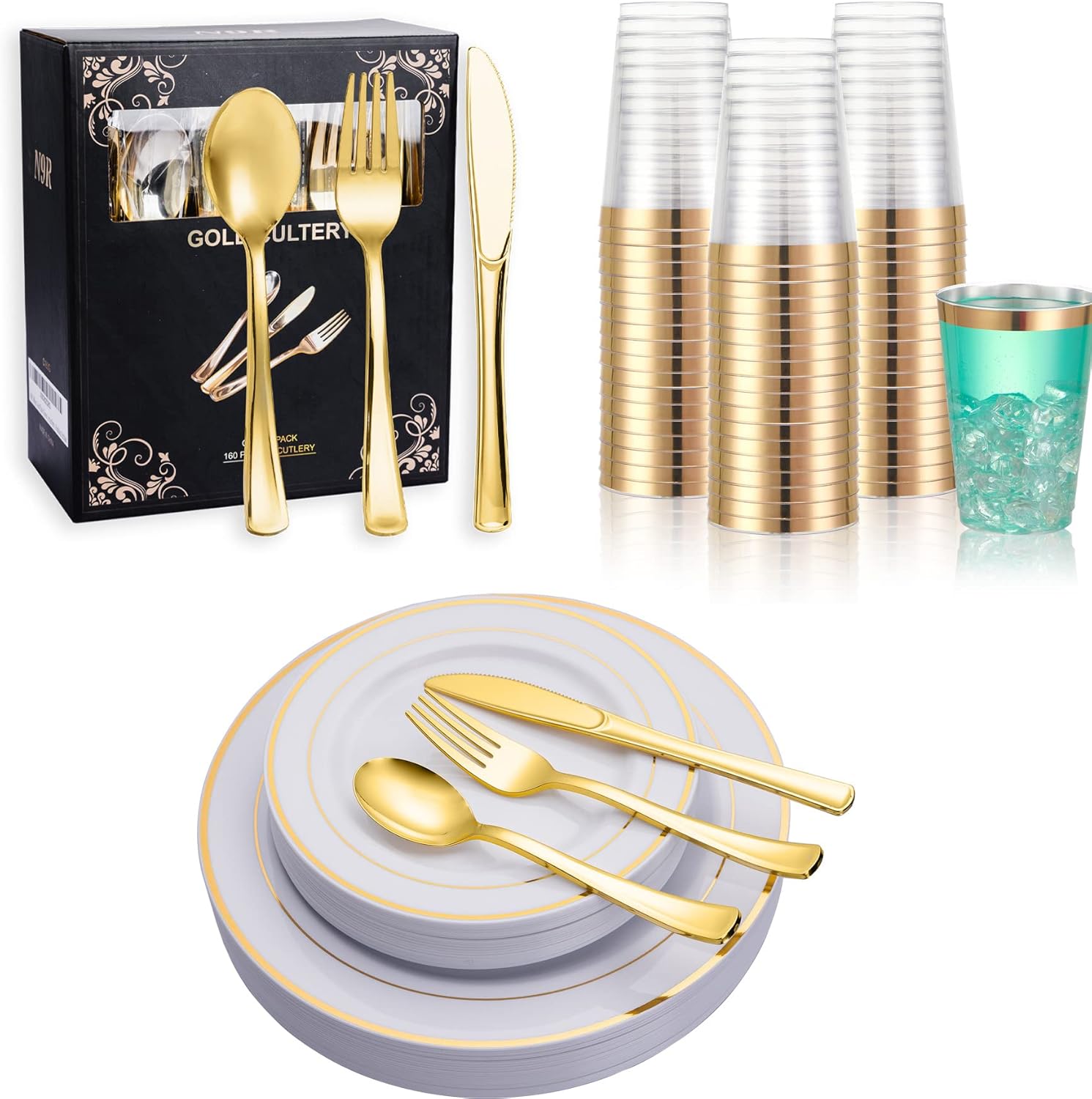 N9R 160 cubiertos de plástico dorado + 72 vasos de plástico dorado + 125 piezas de vajilla de plástico dorado