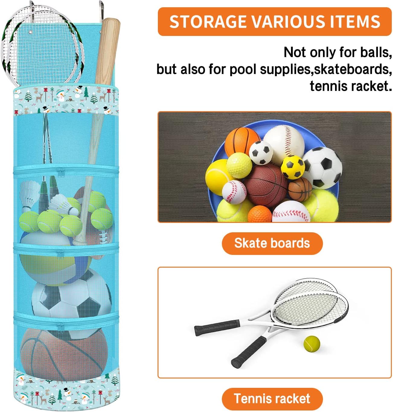 Hanging Organizer, Over The Door Hanging Sports Equipment and Ball Storage, Garage Sports Equipment Organizer for Hold Soccer, Basketball, Football,