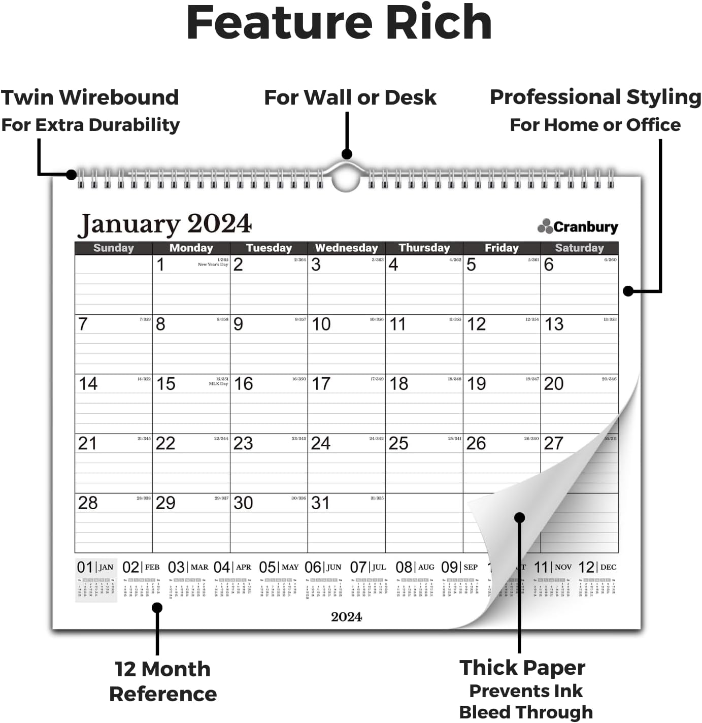 CRANBURY Calendario de pared grande 2024 (negro), 12 x 15 pulgadas, calendario de oficina, uso como calendario colgante 2024 de 12 x 15 pulgadas o