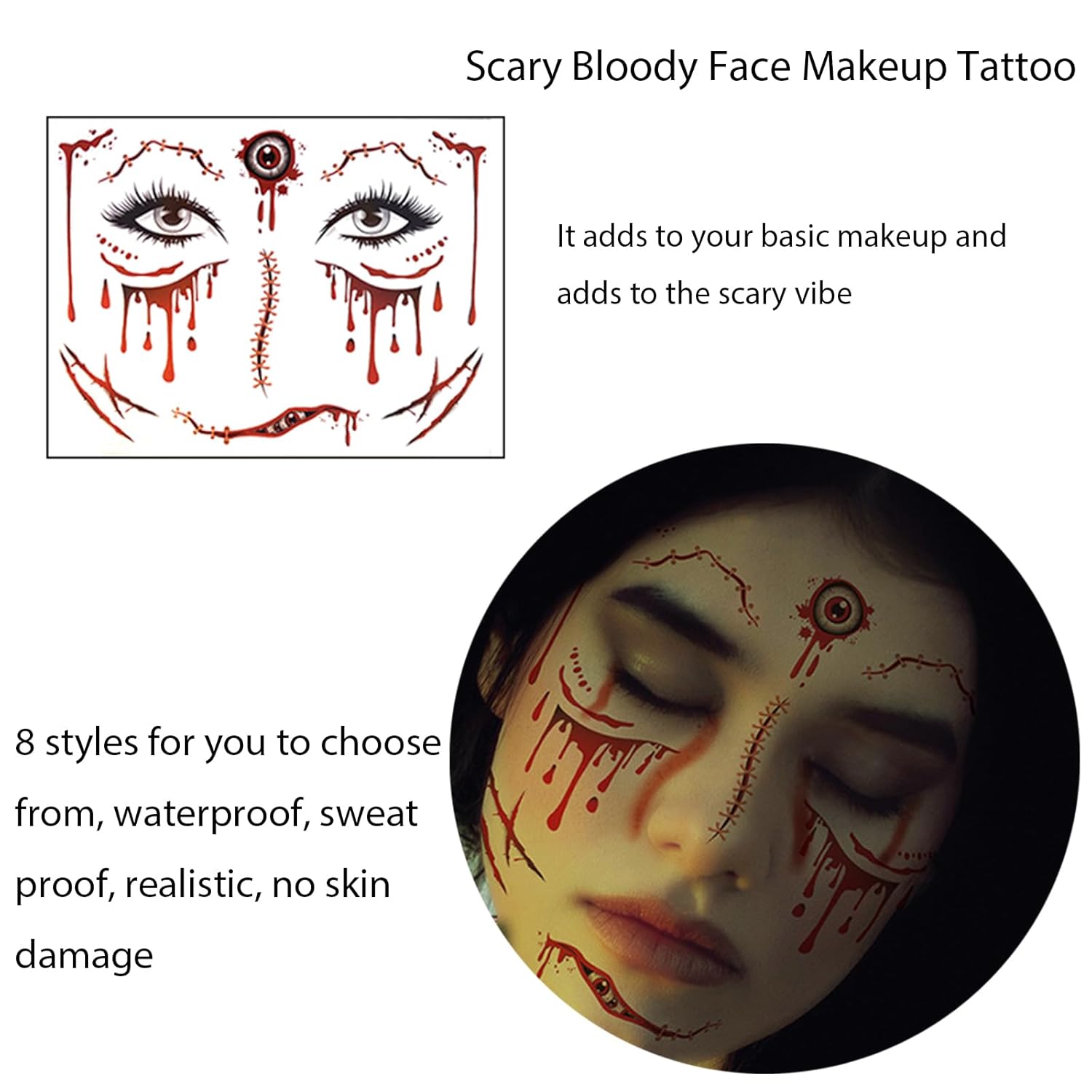 8 piezas de tatuajes faciales de Halloween, de terror, realista, falsa herida sangrienta, cicatriz, impermeable, temporal, tatuaje, calcomanías de