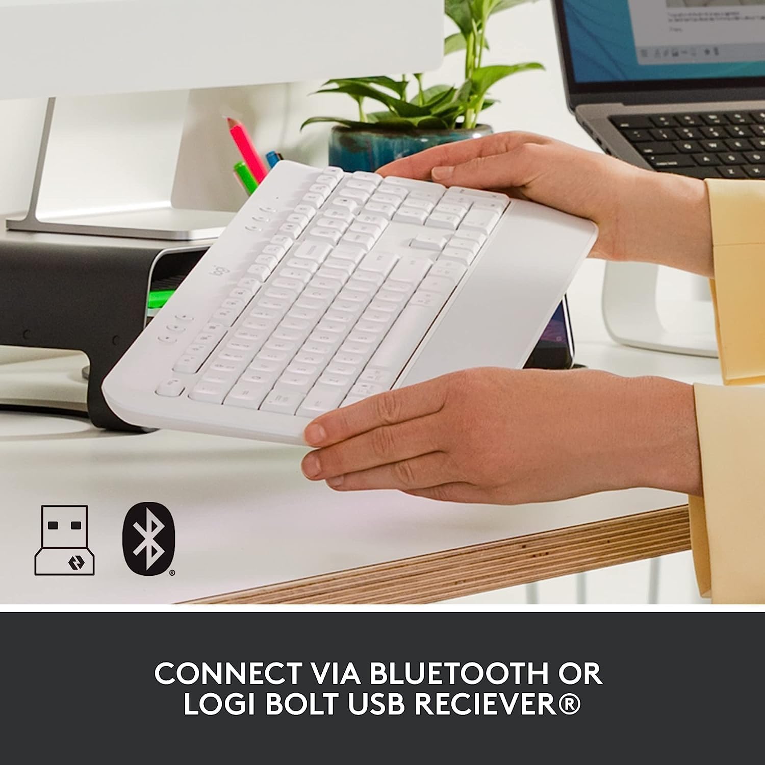 Logitech Signature K650 Comfort – Teclado inalámbrico de tamaño completo con reposamuñecas, Bluetooth BLE o receptor USB Logi Bolt – Blanco