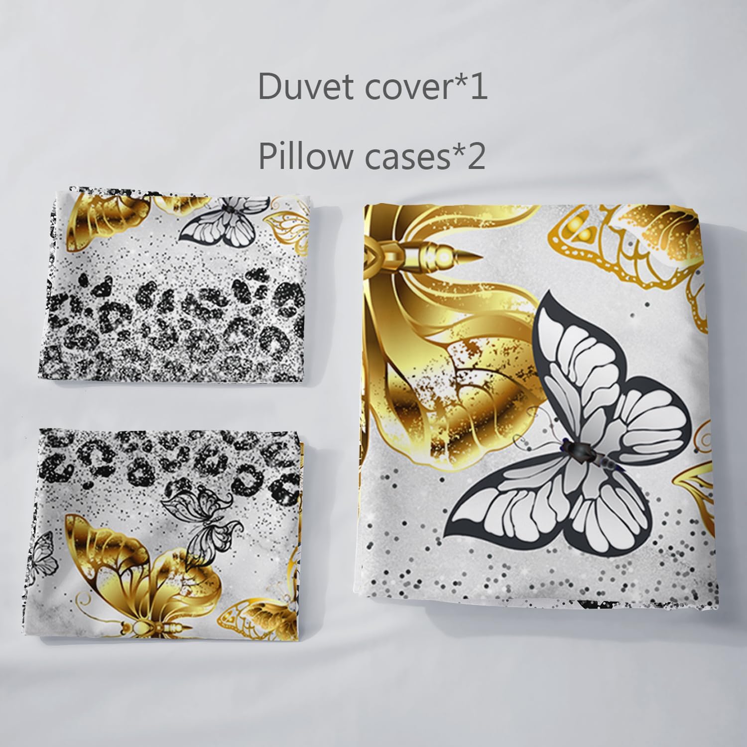 AILONEN Hermoso juego de funda de edredón de mariposa, tamaño Queen, juego de ropa de cama de mariposa dorada, juego de funda de edredón gris