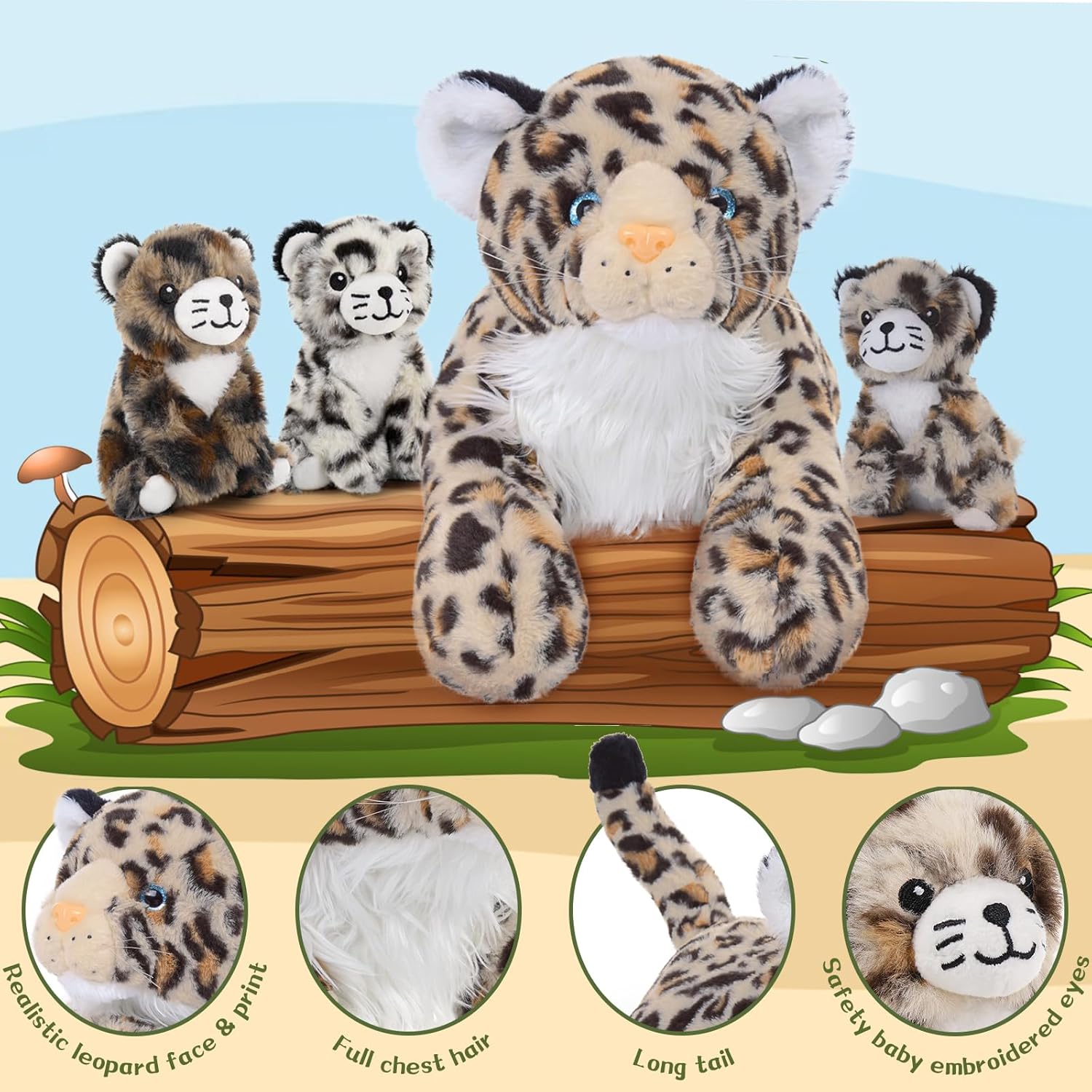 MorisMos Animales de peluche de guepardo para niñas y niños, 4 piezas de peluche de leopardo a granel, juguete realista de guepardo para cumpleaños