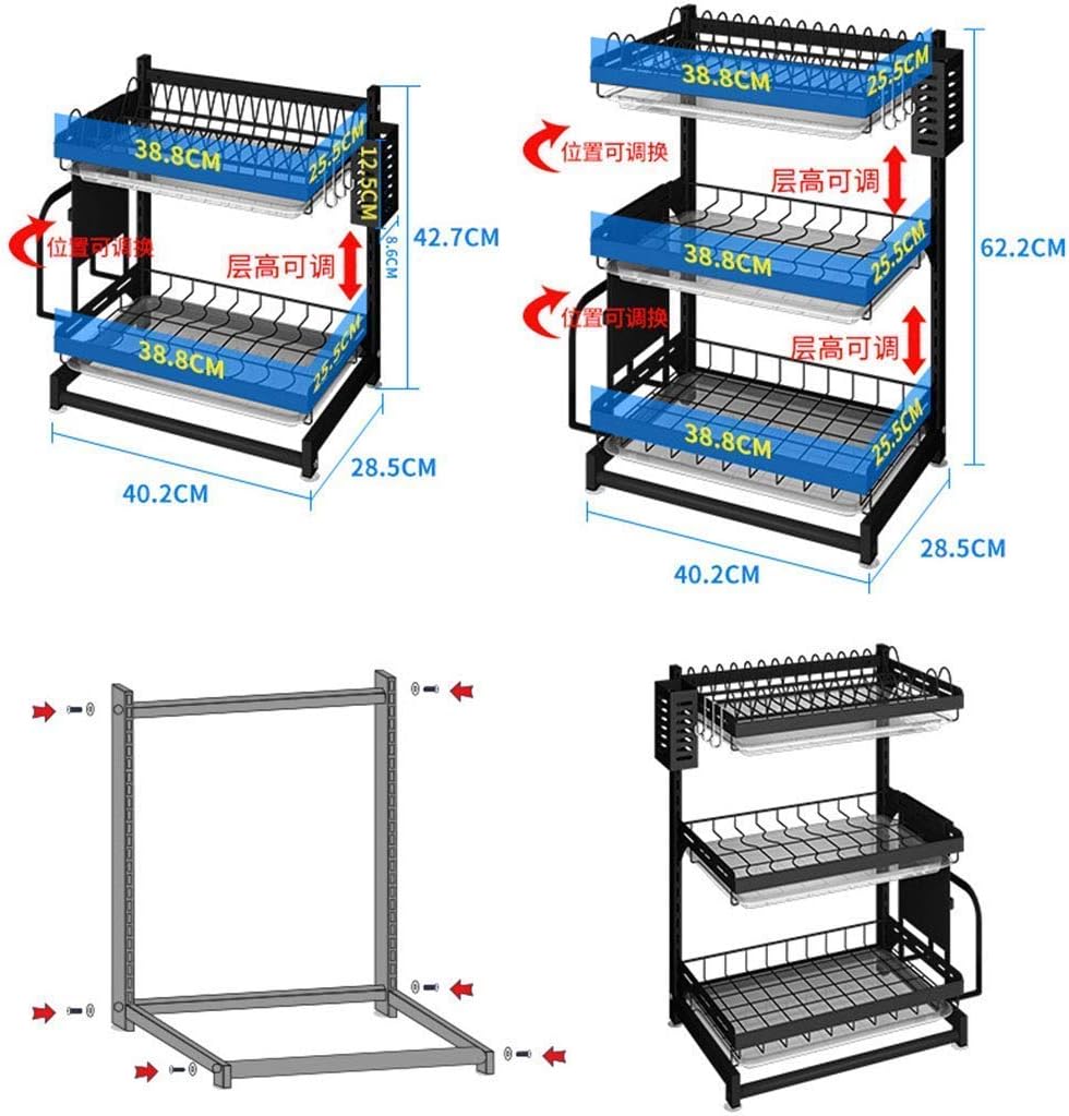 Estante de secado de platos de 3 niveles ajustable de cocina con tabla de drenaje extraíble, cromo resistente de gran capacidad, organizador de