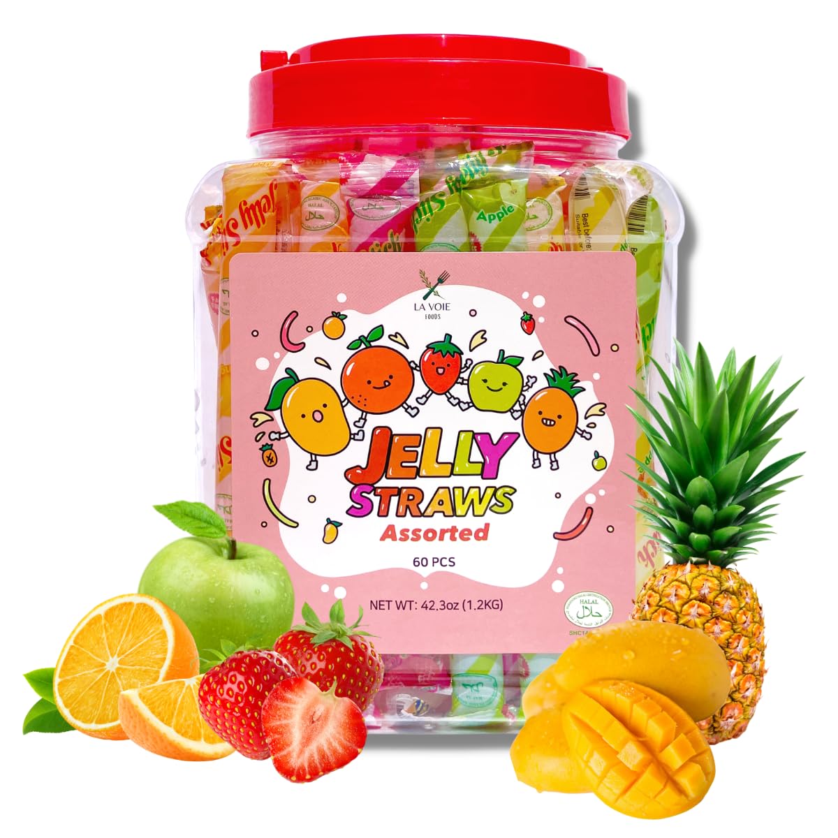 60 pajitas de gelatina de frutas, tiras rellenas de gelatina de frutas (42.3 onzas), 5 sabores surtidos de gelatina de frutas, fresa, naranja,