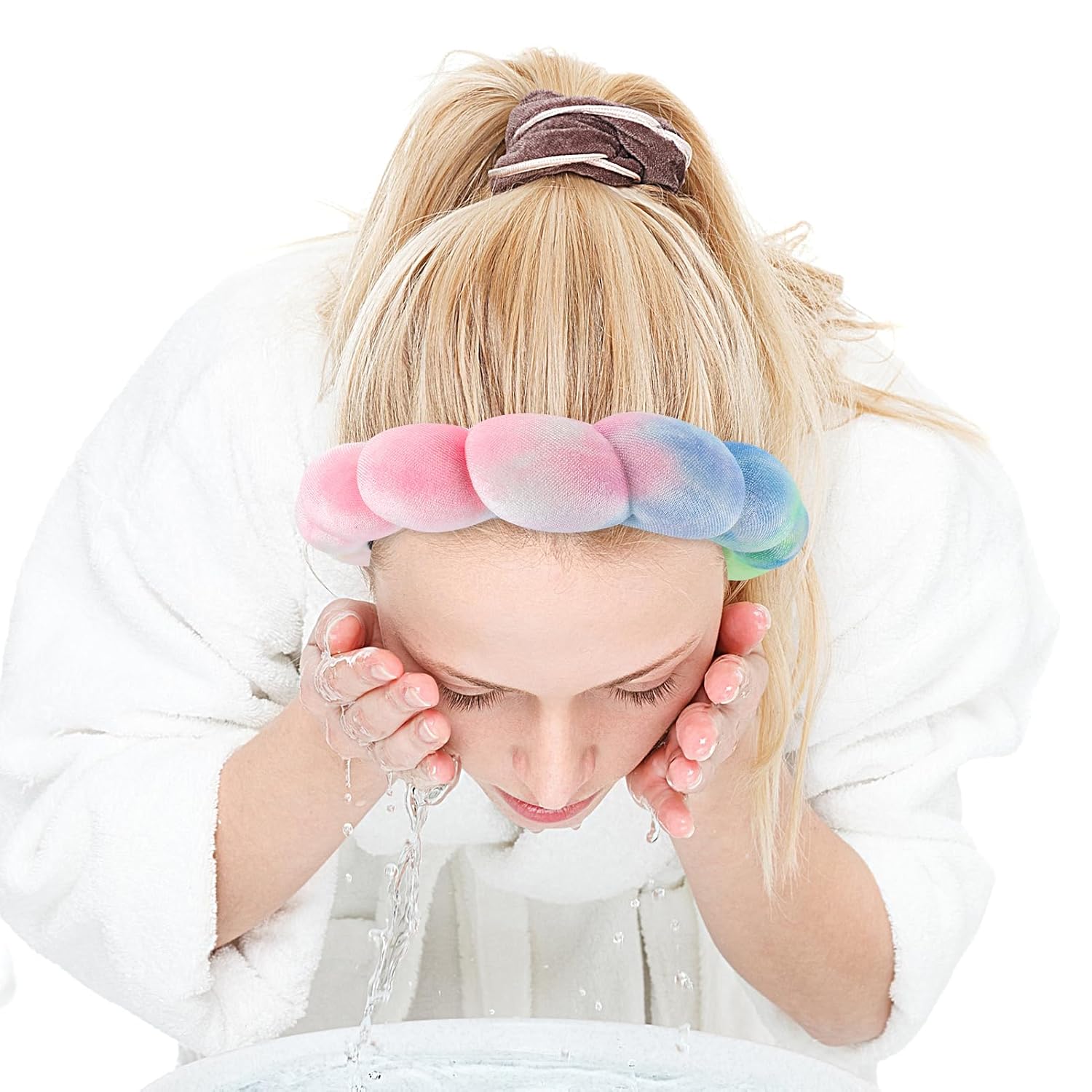 Zkptops Diadema de spa para lavar la cara, juego de esponja, maquillaje, cuidado de la piel, tela de terciopelo con burbujas, suave, para mujeres y