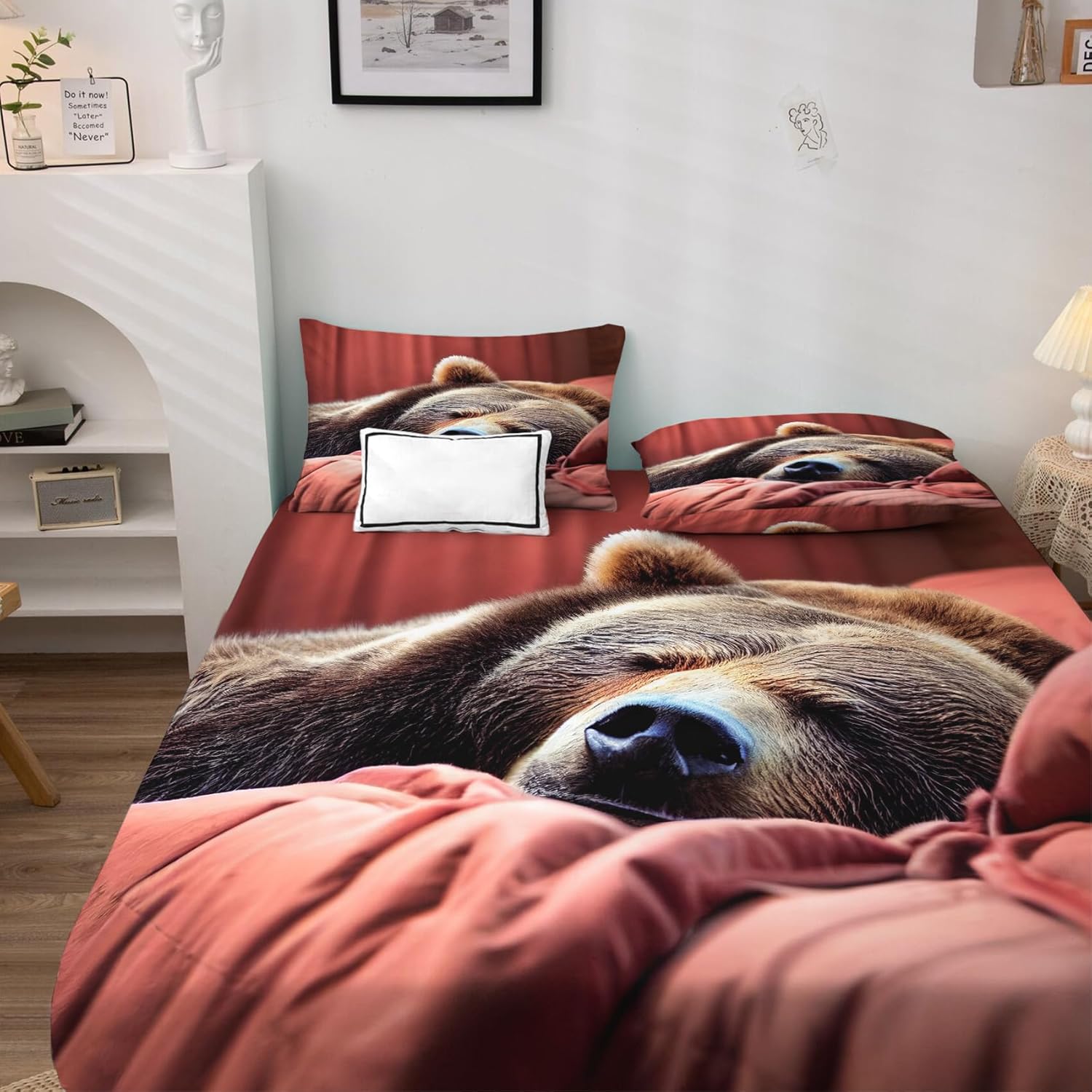 Juego de sábanas de oso tamaño Queen, sábanas de animales, sábanas y fundas de almohada estampadas de 4 piezas, sábana bajera ajustable de