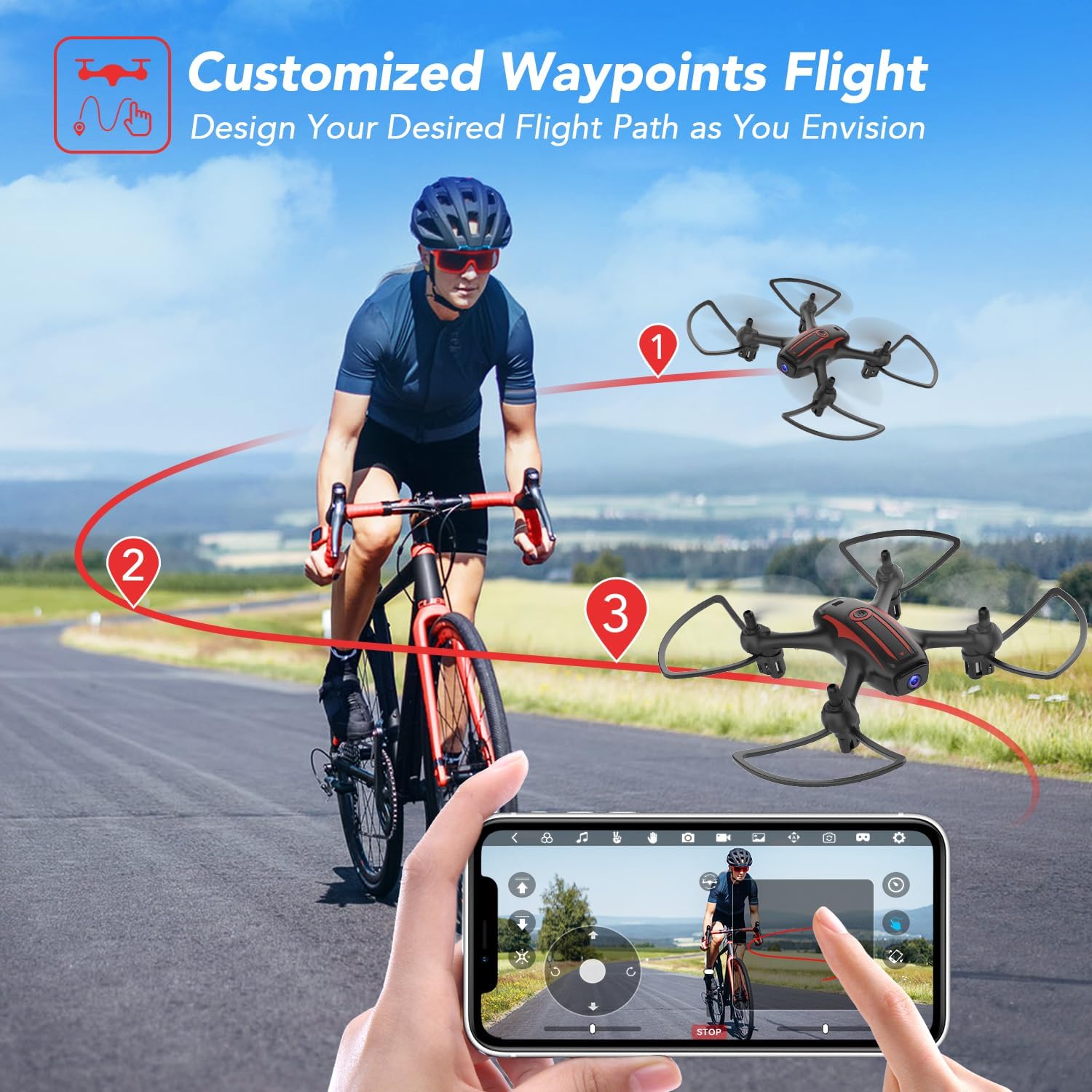 Elukiko Dron con cámara para adultos y niños, 1080P HD FPV WIFI Mini Drones, RC Quadcopter Helicóptero con 2 baterías, tiro para llevar, rotación de