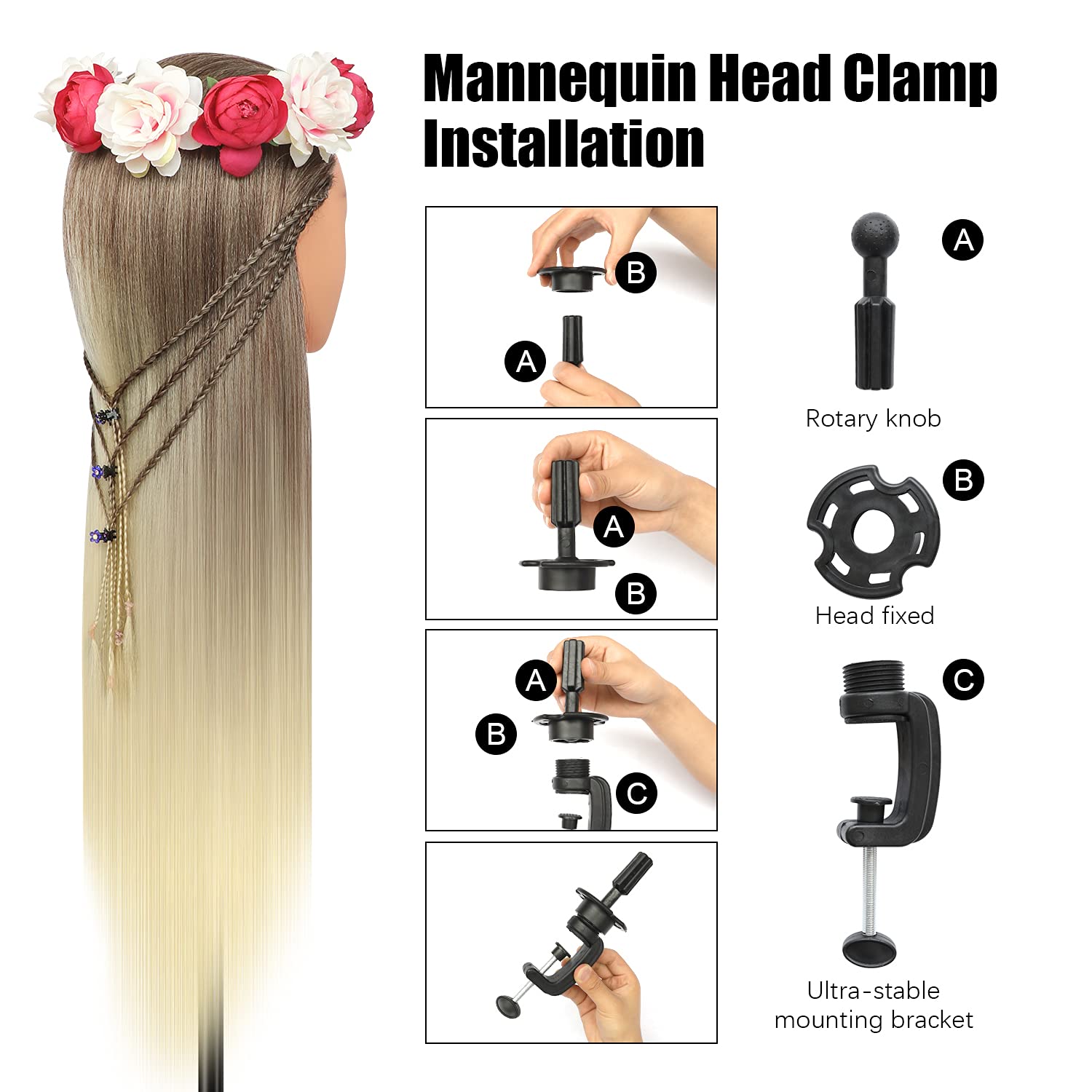 Cabezal de entrenamiento de 28 pulgadas, cabeza de peluquería 100% fibra sintética, cabeza de entrenamiento de peluquería con abrazadera gratuita y