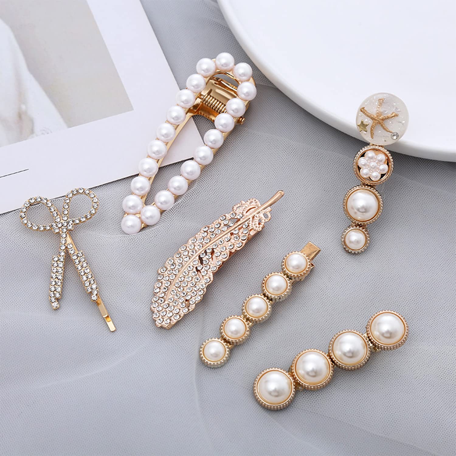 AAPAH 6 pinzas para el cabello, pinzas para el cabello con perlas, pasadores de pelo hechos a mano, elegantes horquillas en forma de hoja, juego de