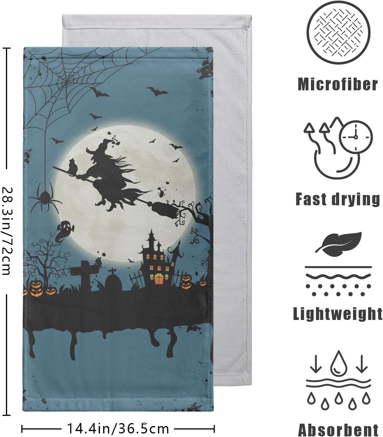 Kwlegh Juego de 2 paños de cocina de bruja y luna de Halloween, juego de 2 toallas de baño espeluznantes de castillo, calabazas, murciélagos,