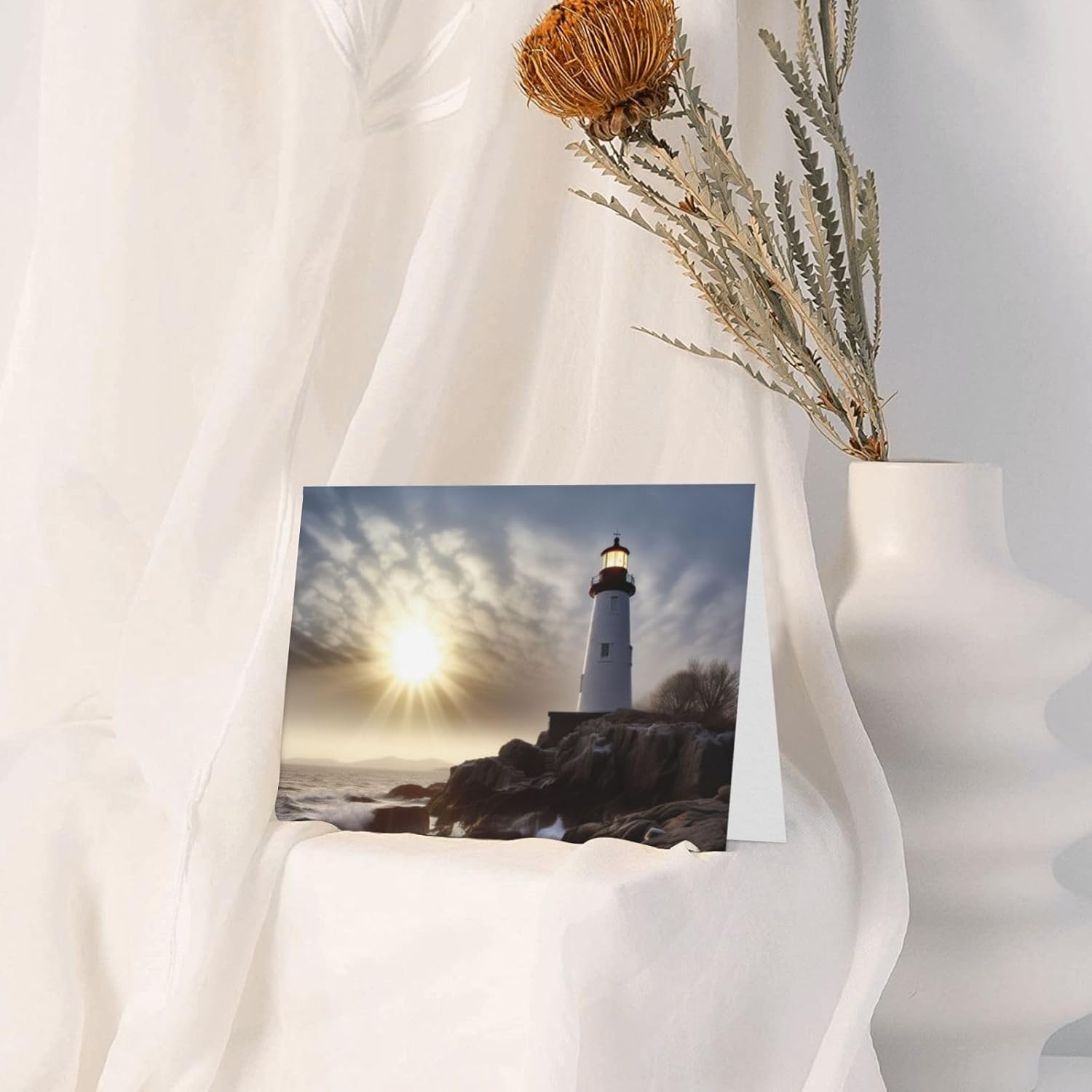 Lighthouse Rocks – Tarjetas de cumpleaños junto al mar con sobres, esta tarjeta de felicitación en blanco utiliza un paquete de sobre de botón de