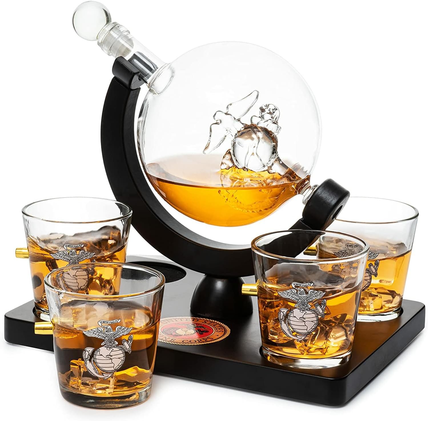 U.S. Marine Globe – Juego de decantador de whisky con 4 vasos de licor, juego de regalo para veteranos marinos con base de madera de caoba y