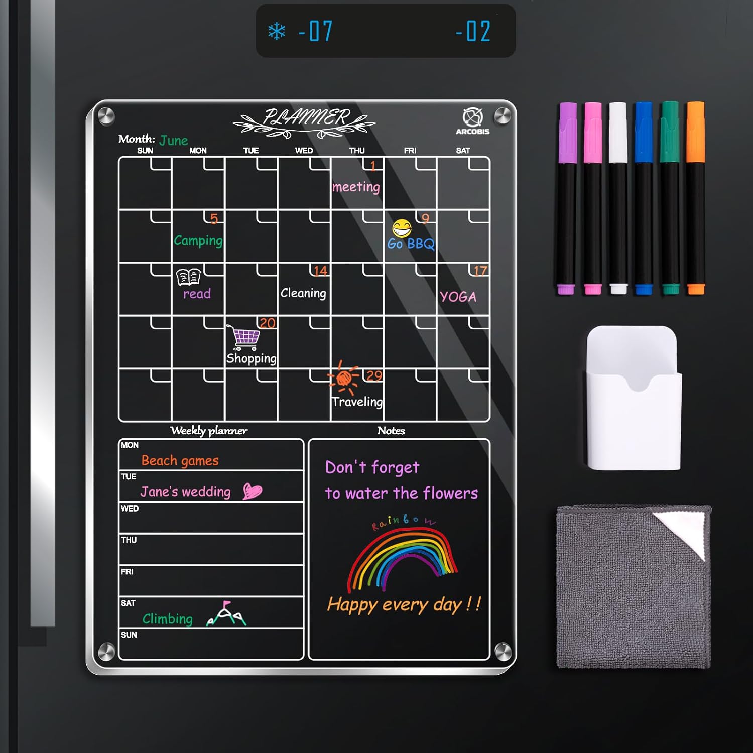 ARCOBIS Calendario acrílico magnético para refrigerador, calendario mensual y semanal transparente de 12 x 16 pulgadas con 6 marcadores, 1 soporte