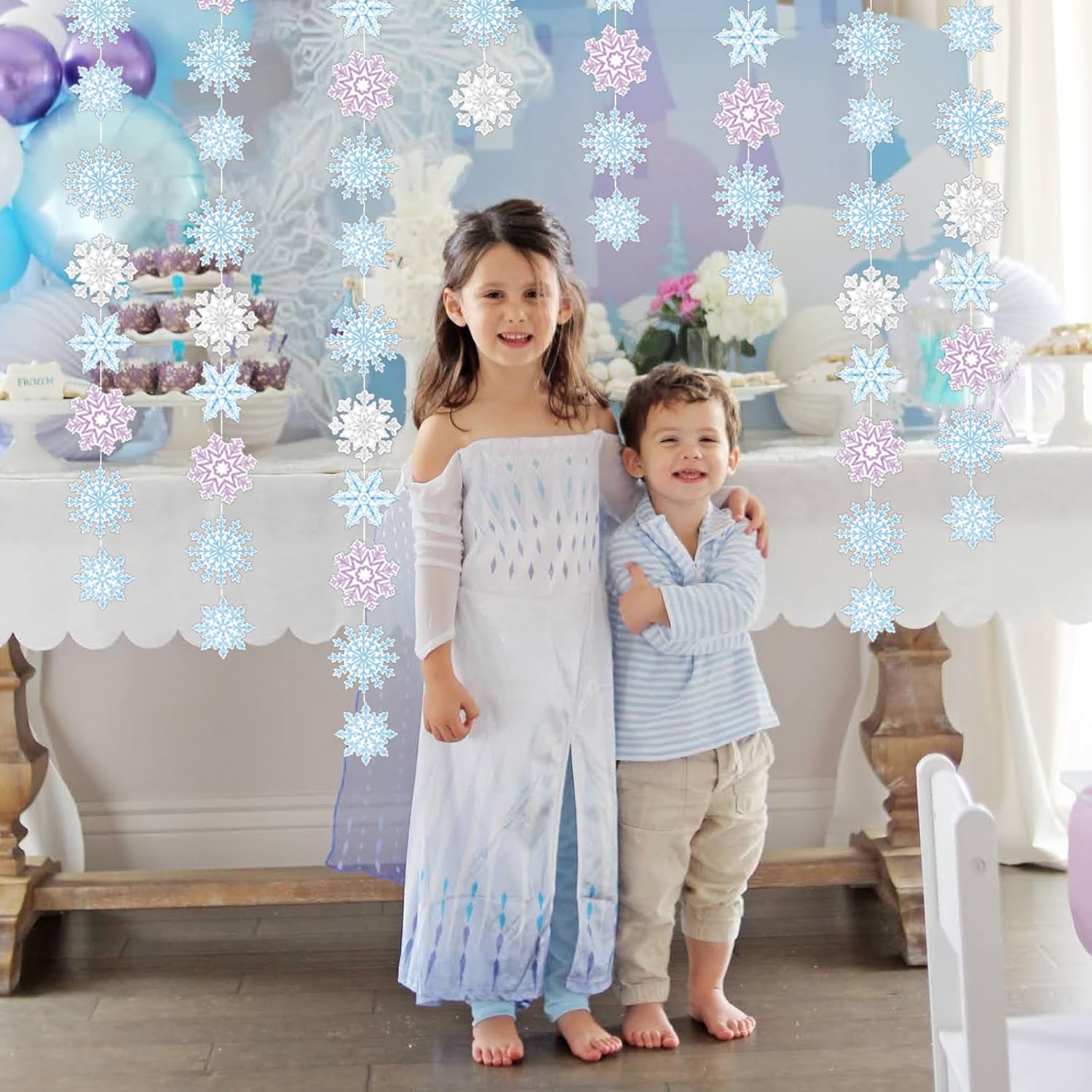 Decoraciones de copo de nieve de invierno para colgar en invierno, decoración de fiesta de cumpleaños, guirnalda de copos de nieve púrpura azul para