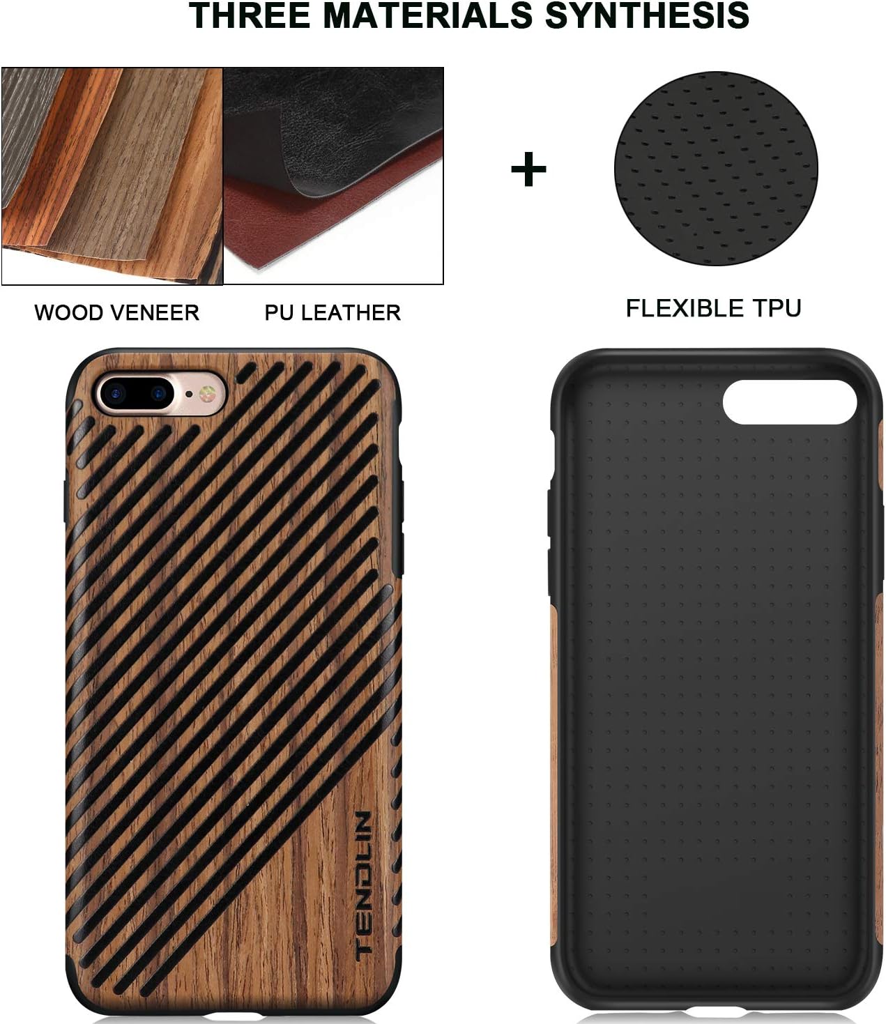 TENDLIN Funda para iPhone 8 PlusiPhone 7 Plus con grano de madera exterior suave TPU silicona híbrida funda delgada para iPhone 7 Plus y iPhone 8