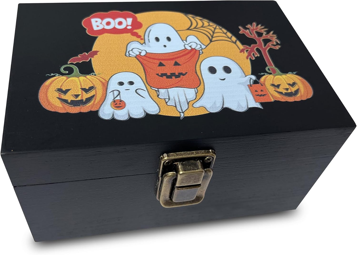 Caja de madera para fiestas o truco o trato, decoración de calabaza y fantasmas felices, caja de memoria para fotos, caja de recuerdo decorativa con