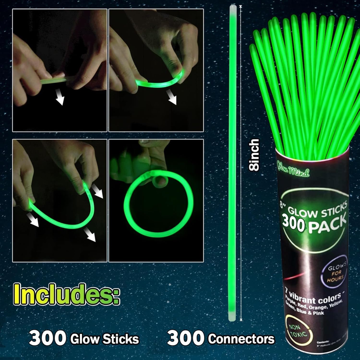 YOFOBU 300 pulseras y collares verdes que brillan en la oscuridad a granel con conectores de 8 pulgadas, barras luminosas de neón para Hawii,