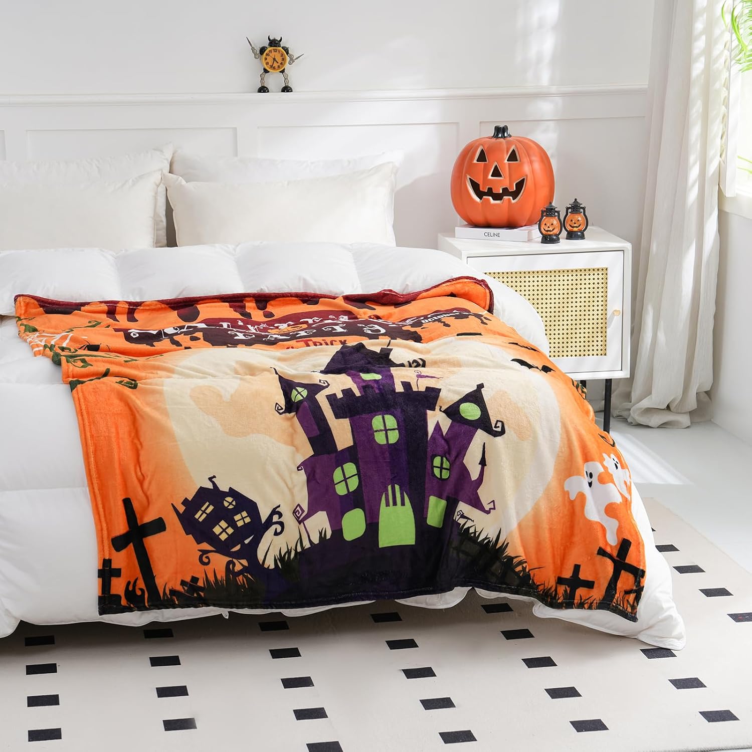 NeoHundreds Mantas de Halloween para cama, decoración interior del hogar, manta de vellón de terciopelo suave y acogedora, franela de microfibra,