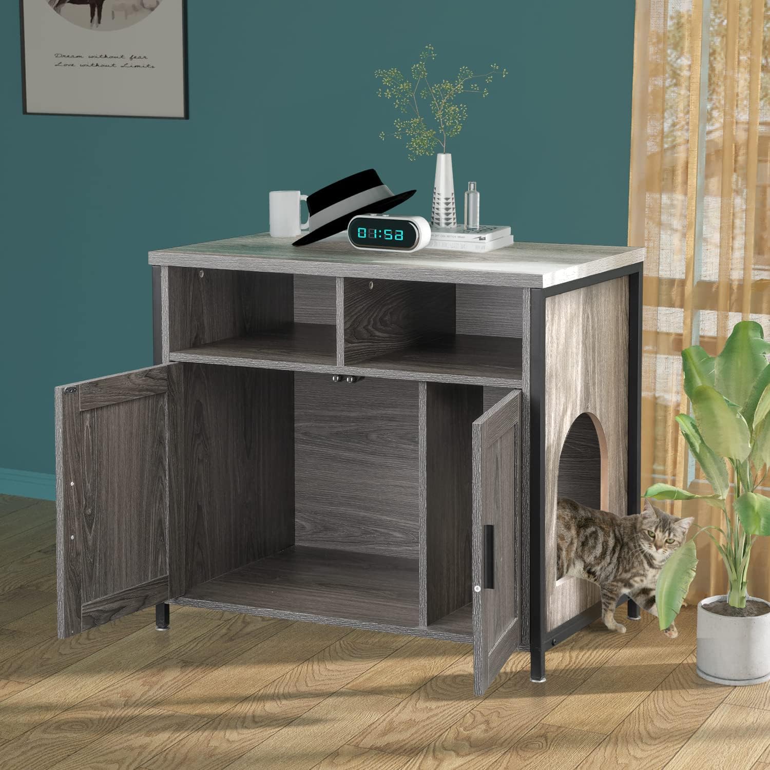Muebles de caja de arena para gatos, banco de almacenamiento de arena oculto para gatos con estructura de madera resistente y puerta doble,