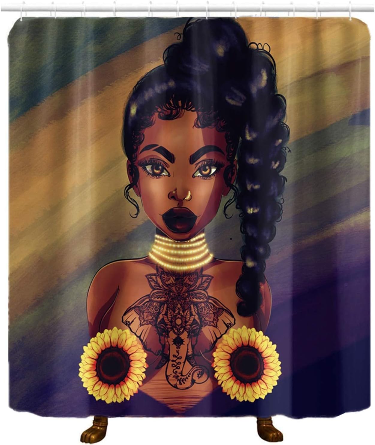 Cortina de ducha sexy de mujer africana con girasol, color negro, niña americana, impermeable, tela suave, cortina de baño con girasol, decoración
