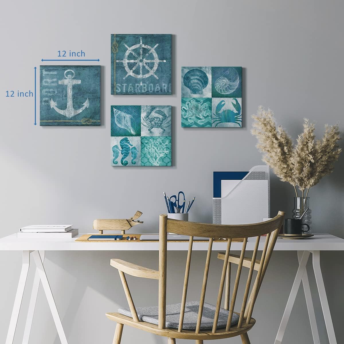 Lienzo decorativo para pared de baño, impresiones náuticas de animales marinos, arte de pared azul marino, 12 x 12 pulgadas, juego de 4 pinturas