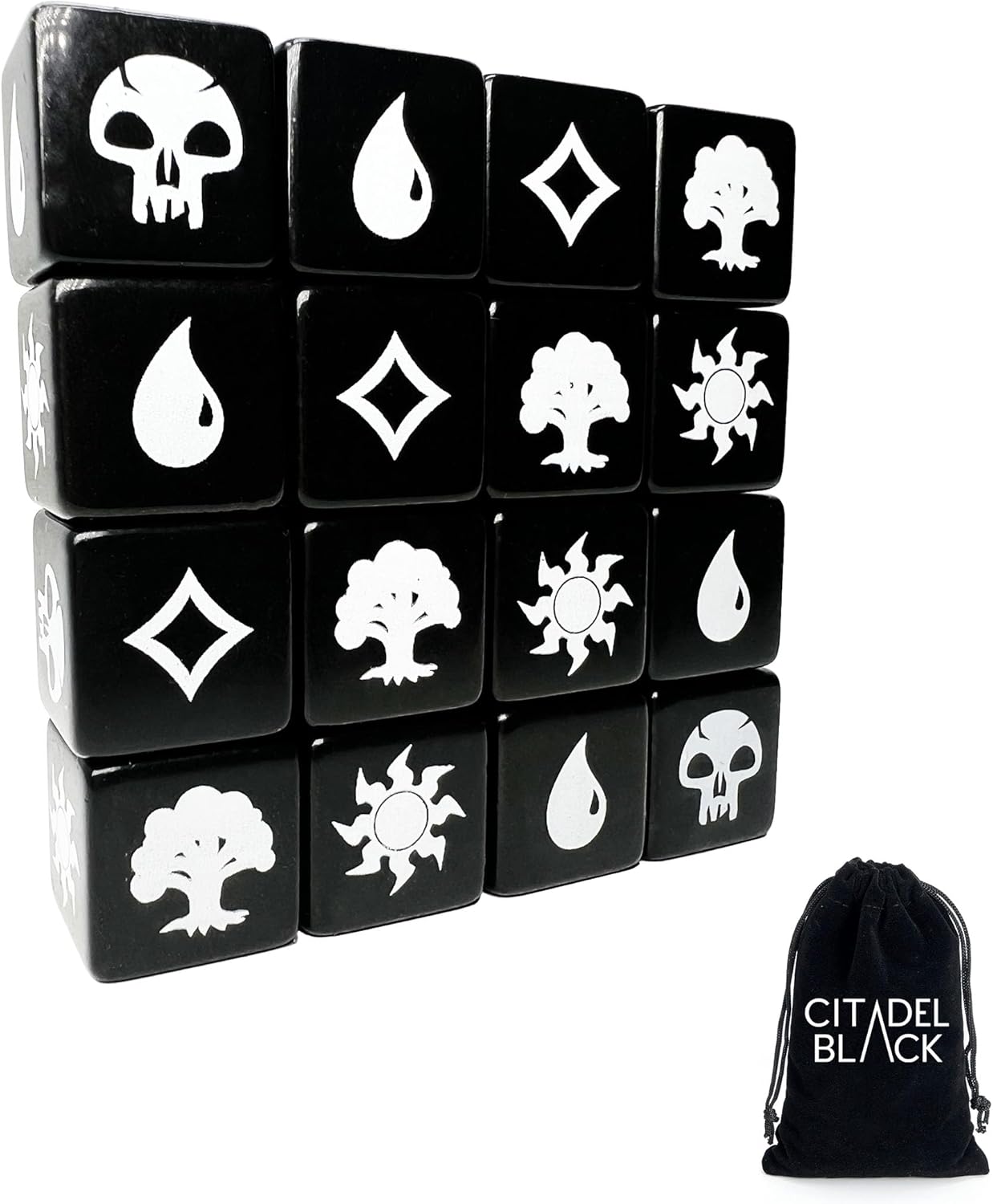 Citadel Black MTG – Juego de 16 dados de maná premium, con bolsa de terciopelo con cordón, Magic The Gathering