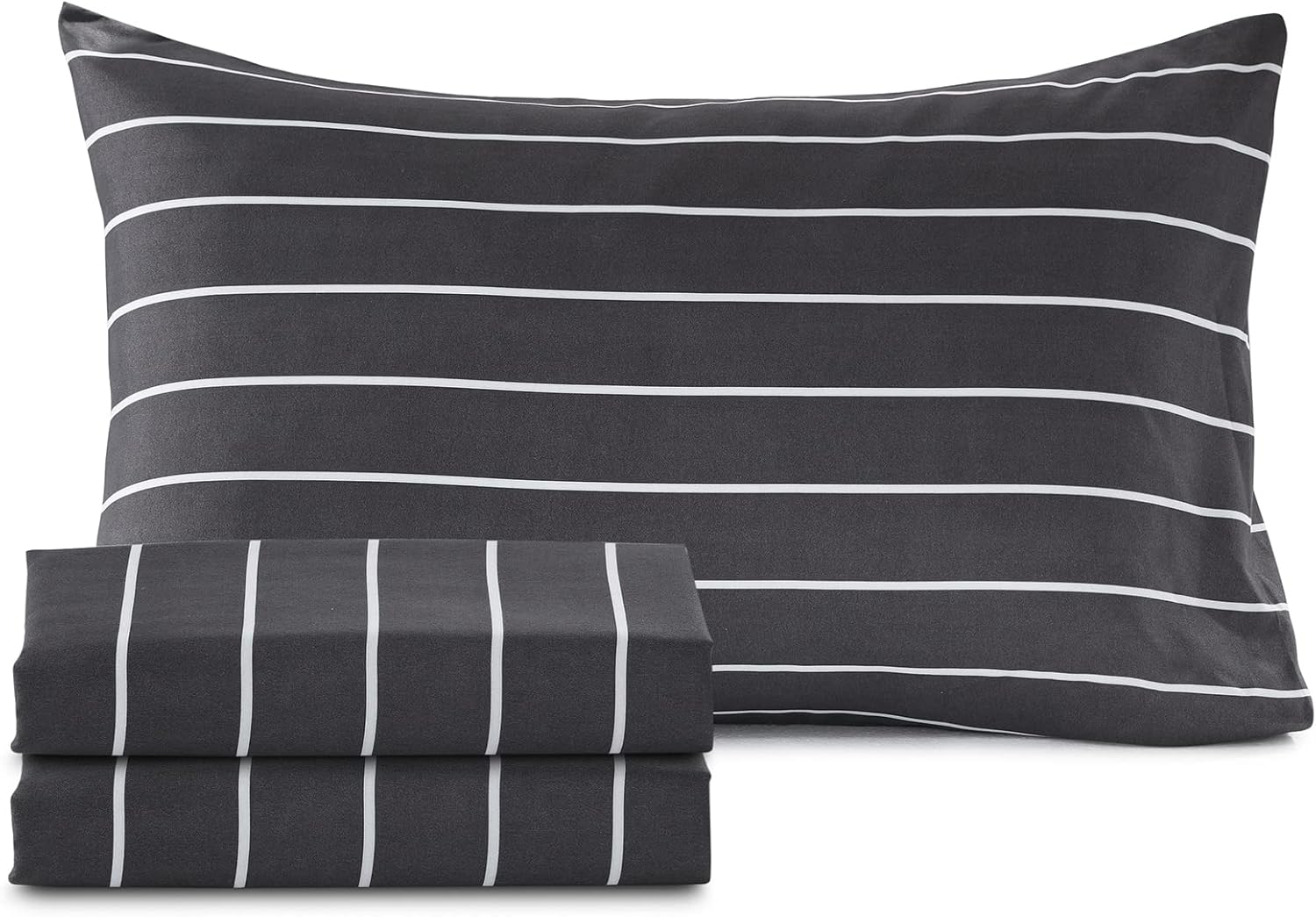 Homiest Juego de sábanas de microfibra de 4 piezas en blanco y negro, tamaño matrimonial, sábanas de rayas horizontales, lindo juego de ropa de cama